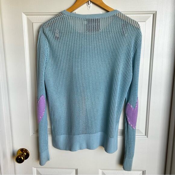Kerri Rosenthal x Anthropologie Blue Open Knit Heart Elbow Patches Sweater - Picture 5 of 5